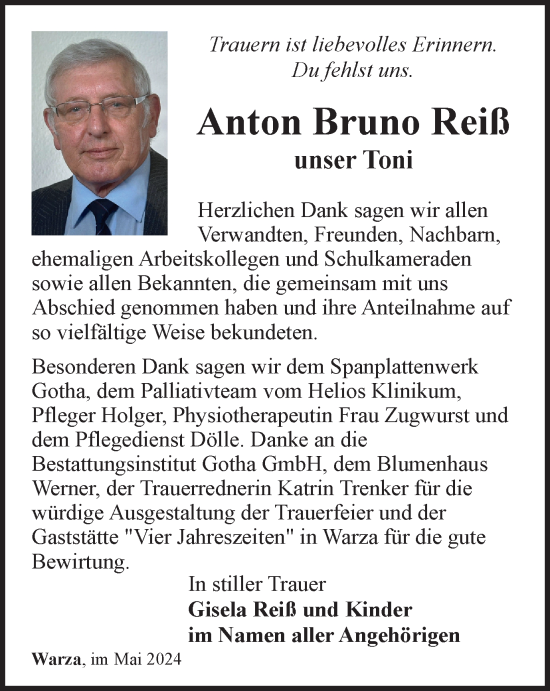 Traueranzeige von Anton Bruno Reiß von Thüringer Allgemeine, Thüringische Landeszeitung