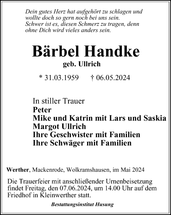 Traueranzeige von Bärbel Handke von Thüringer Allgemeine