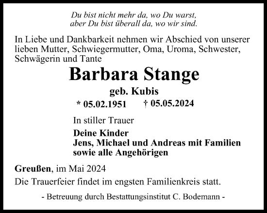 Traueranzeige von Barbara Stange von Thüringer Allgemeine