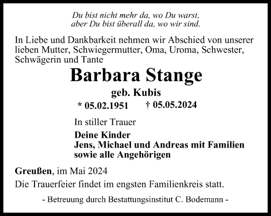 Traueranzeige von Barbara Stange