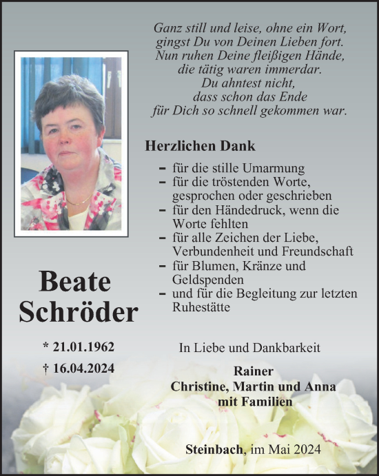 Traueranzeige von Beate Schröder von Thüringer Allgemeine