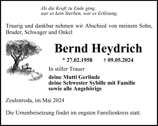 Traueranzeige von Bernd Heydrich von Ostthüringer Zeitung