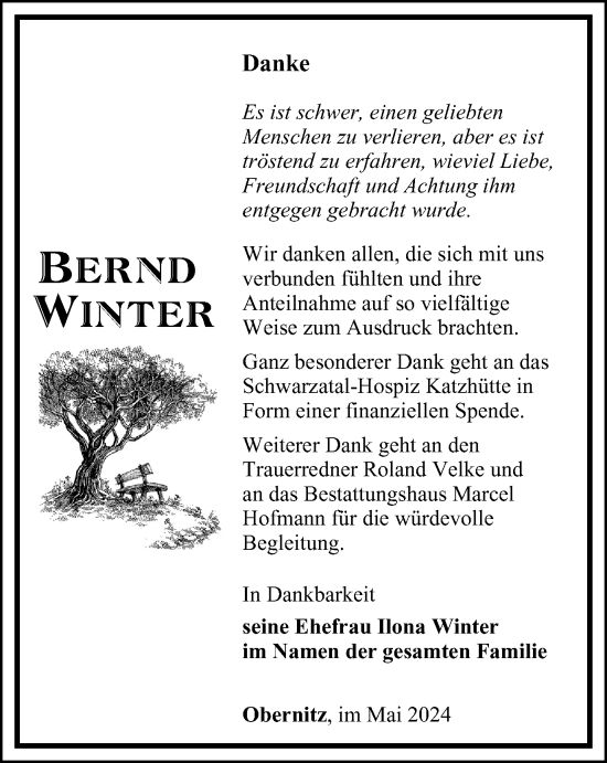 Traueranzeige von Bernd Winter von Ostthüringer Zeitung