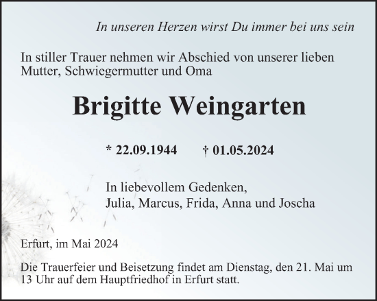 Traueranzeige von Brigitte Weingarten von Thüringer Allgemeine, Thüringische Landeszeitung