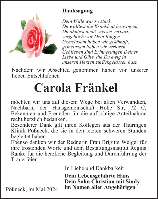 Traueranzeige von Carola Fränkel von Ostthüringer Zeitung