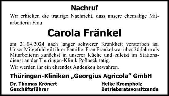 Traueranzeige von Carola Fränkel von Ostthüringer Zeitung
