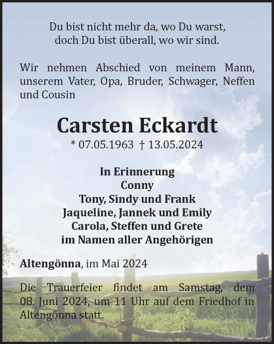 Traueranzeige von Carsten Eckardt von Ostthüringer Zeitung, Thüringische Landeszeitung