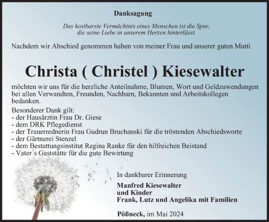 Traueranzeige von Christa Kiesewalter von Ostthüringer Zeitung