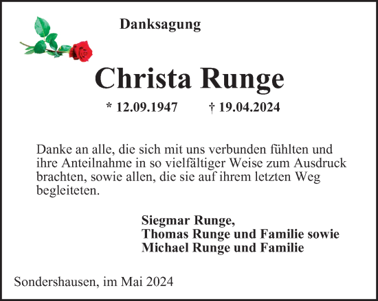 Traueranzeige von Christa Runge von Thüringer Allgemeine