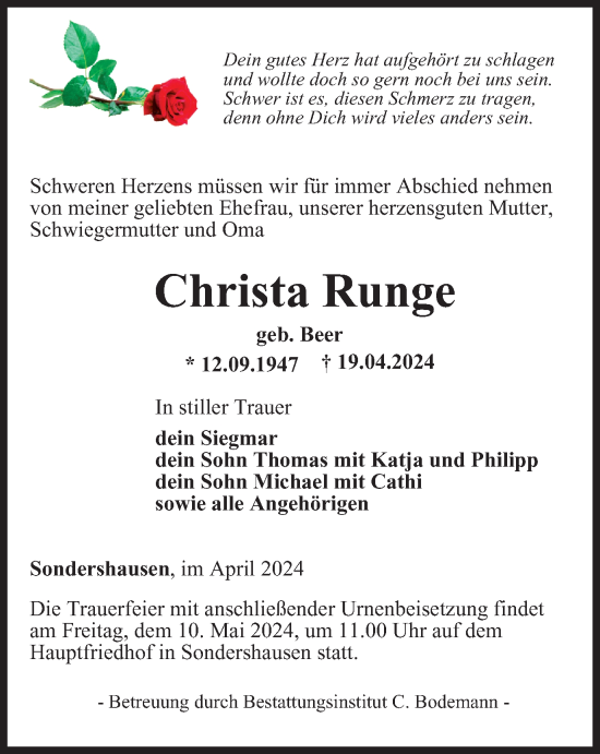 Traueranzeige von Christa Runge von Thüringer Allgemeine