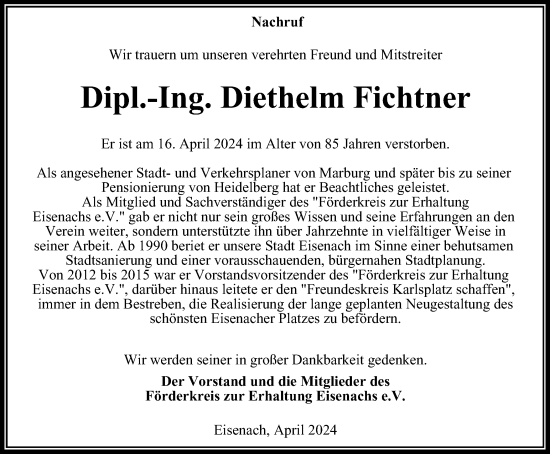 Traueranzeige von Diethelm Fichtner von Thüringer Allgemeine, Thüringische Landeszeitung