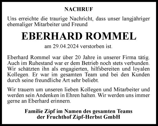 Traueranzeige von Eberhard Rommel von Thüringer Allgemeine, Thüringische Landeszeitung