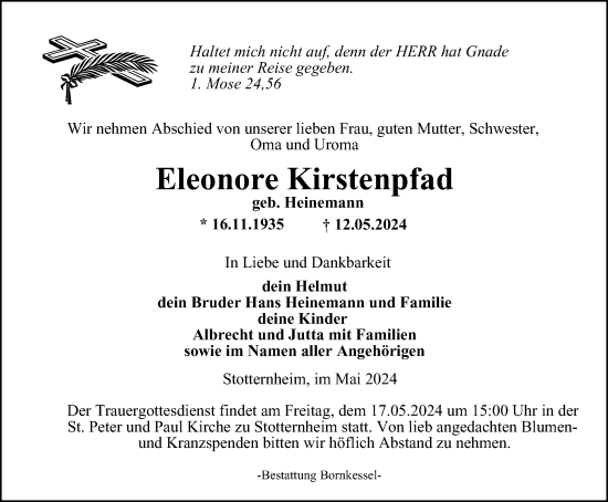 Traueranzeige von Eleonore Kirstenpfad von Thüringer Allgemeine, Thüringische Landeszeitung