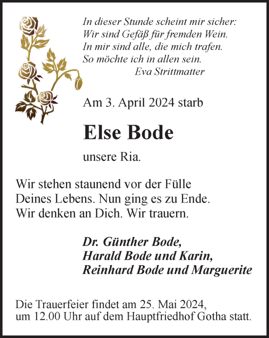 Traueranzeige von Else Bode