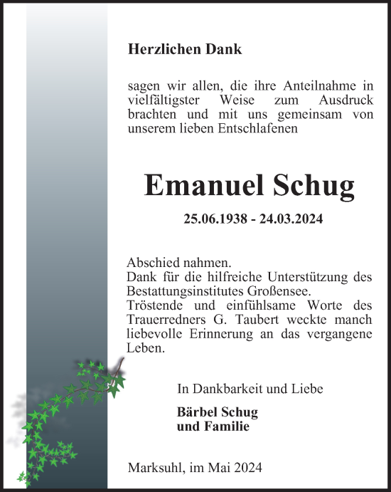 Traueranzeige von Emanuel Schug von Thüringer Allgemeine, Thüringische Landeszeitung