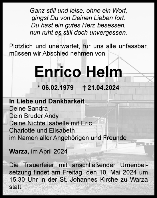 Traueranzeige von Enrico Helm von Thüringer Allgemeine, Thüringische Landeszeitung