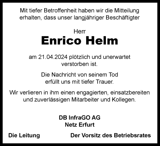 Traueranzeige von Enrico Helm von Thüringer Allgemeine, Thüringische Landeszeitung