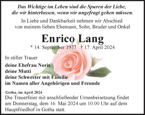 Traueranzeige von Enrico Lang von Thüringer Allgemeine, Thüringische Landeszeitung