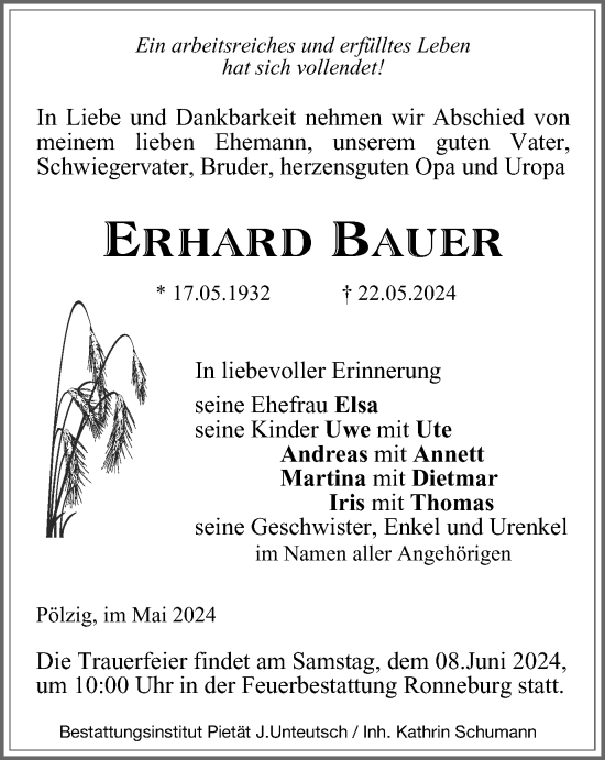 Traueranzeige von Erhard Bauer von Ostthüringer Zeitung