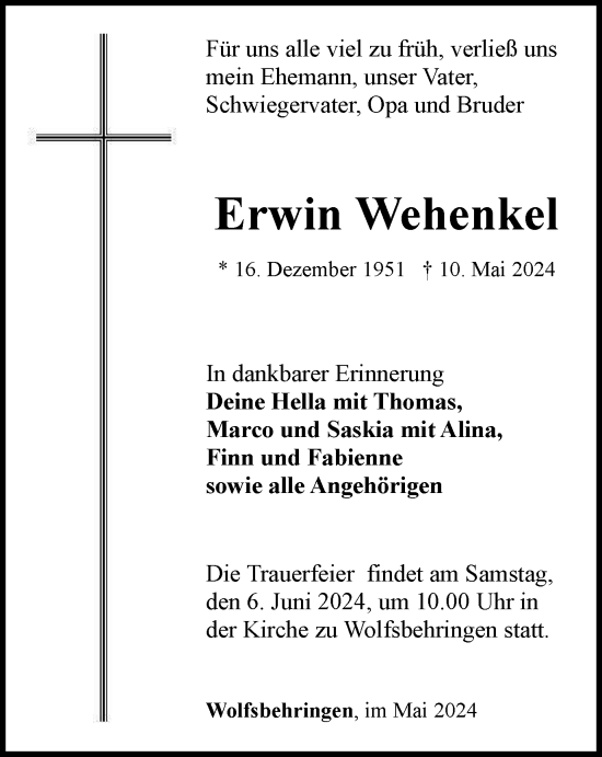 Traueranzeige von Erwin Wehenkel