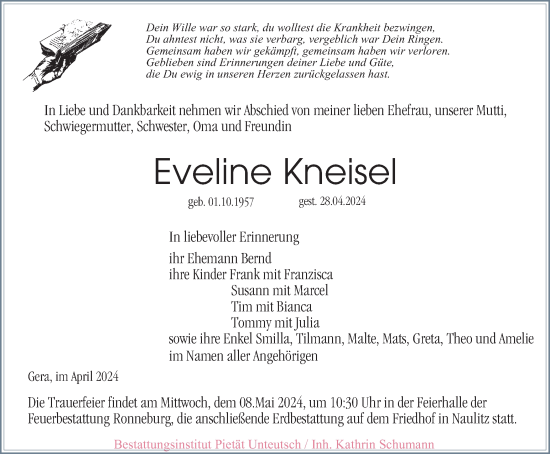 Traueranzeige von Eveline Kneisel von Ostthüringer Zeitung