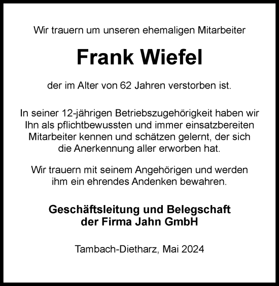 Traueranzeige von Frank Wiefel von Thüringer Allgemeine, Thüringische Landeszeitung