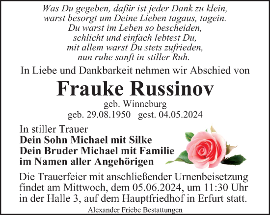 Traueranzeige von Frauke Russinov