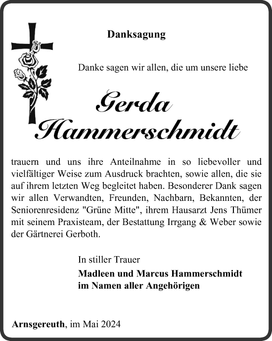 Traueranzeige von Gerda Hammerschmidt von Ostthüringer Zeitung