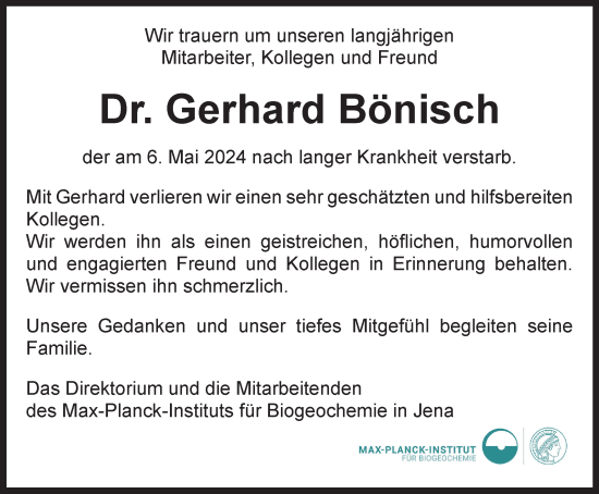 Traueranzeige von Gerhard Bönisch von Ostthüringer Zeitung, Thüringische Landeszeitung