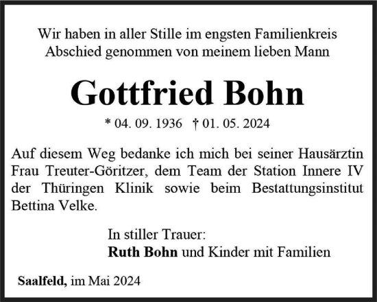 Traueranzeige von Gottfried Bohn von Ostthüringer Zeitung