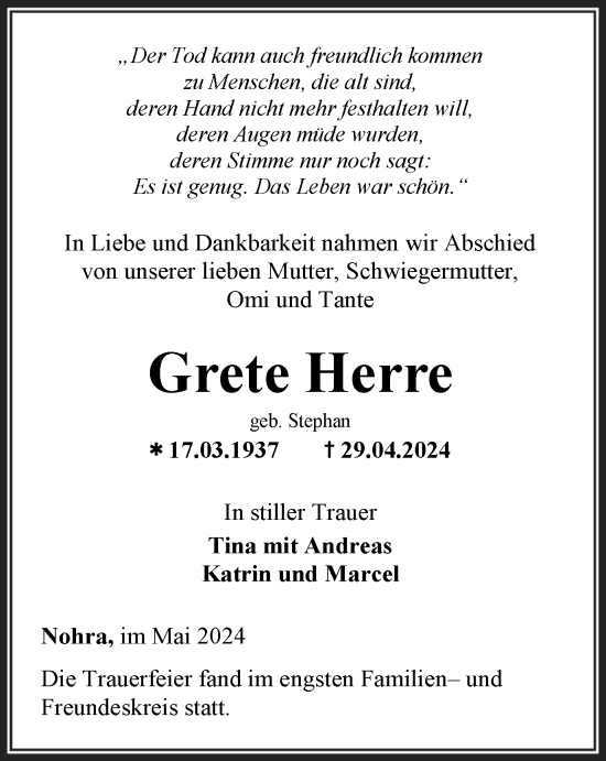 Traueranzeige von Grete Herre von Thüringer Allgemeine, Thüringische Landeszeitung