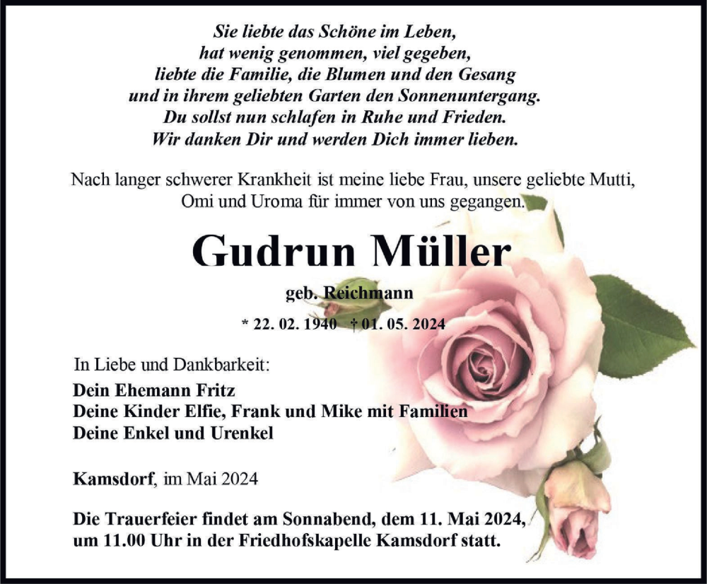  Traueranzeige für Gudrun Müller vom 04.05.2024 aus Ostthüringer Zeitung