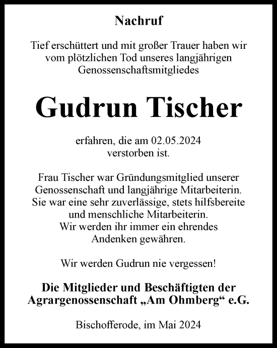 Traueranzeige von Gudrun Tischer von Thüringer Allgemeine