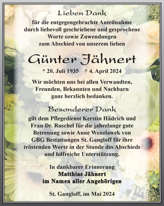 Traueranzeige von Günter Jähnert von Ostthüringer Zeitung