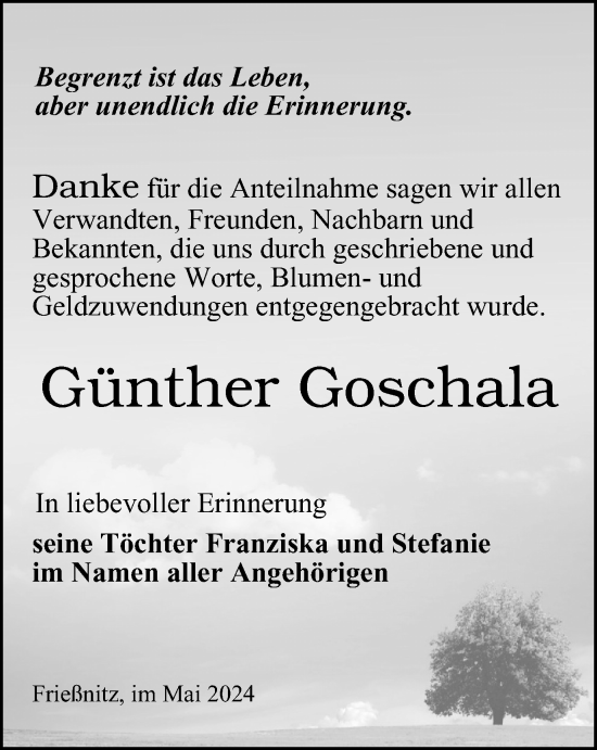 Traueranzeige von Günther Goschala von Ostthüringer Zeitung
