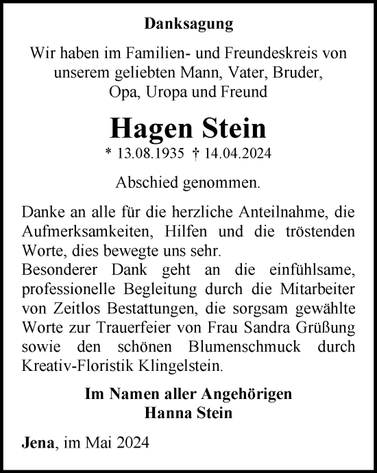 Traueranzeige von Hagen Stein von Ostthüringer Zeitung, Thüringische Landeszeitung