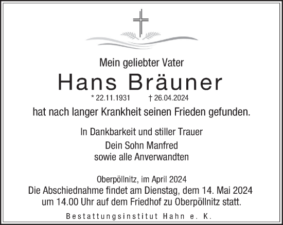 Traueranzeige von Hans Bräuner von Ostthüringer Zeitung