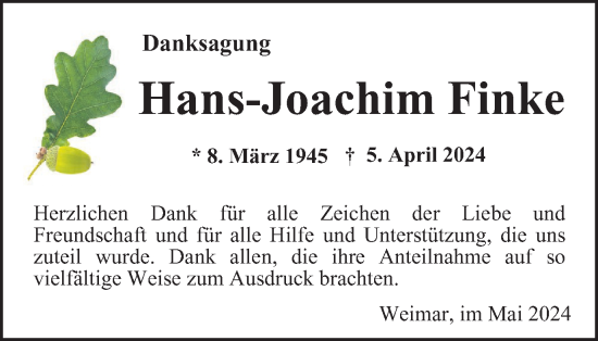 Traueranzeige von Hans-Joachim Finke von Thüringer Allgemeine, Thüringische Landeszeitung