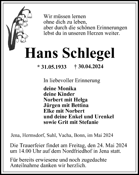 Traueranzeige von Hans Schlegel von Ostthüringer Zeitung, Thüringische Landeszeitung