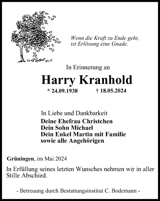 Traueranzeige von Harry Kranhold