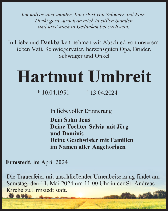 Traueranzeige von Hartmut Umbreit von Thüringer Allgemeine, Thüringische Landeszeitung