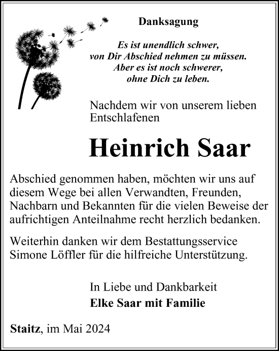 Traueranzeige von Heinrich Saar von Ostthüringer Zeitung