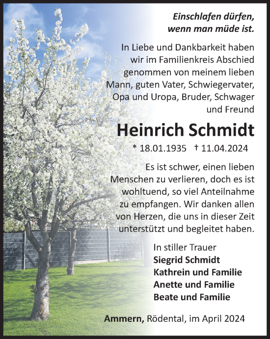 Traueranzeige von Heinrich Schmidt von Thüringer Allgemeine, Thüringische Landeszeitung