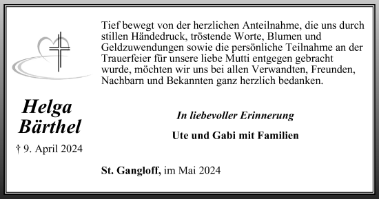 Traueranzeige von Helga Bärthel von Ostthüringer Zeitung