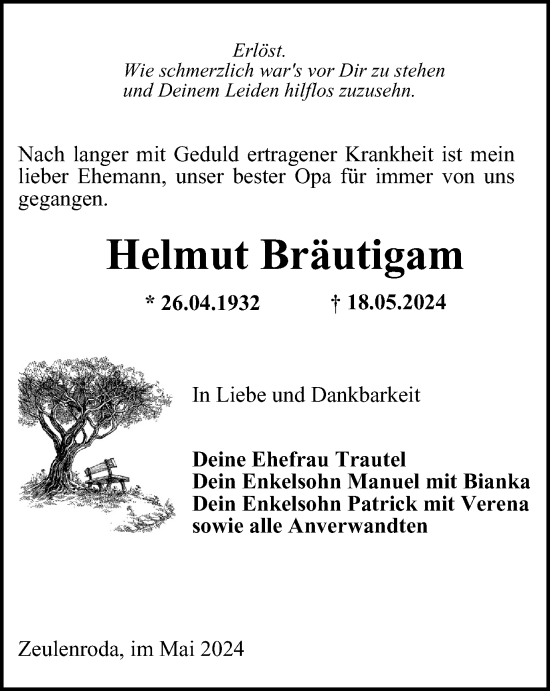 Traueranzeige von Helmut Bräutigam von Ostthüringer Zeitung