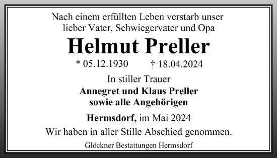 Traueranzeige von Helmut Preller von Ostthüringer Zeitung