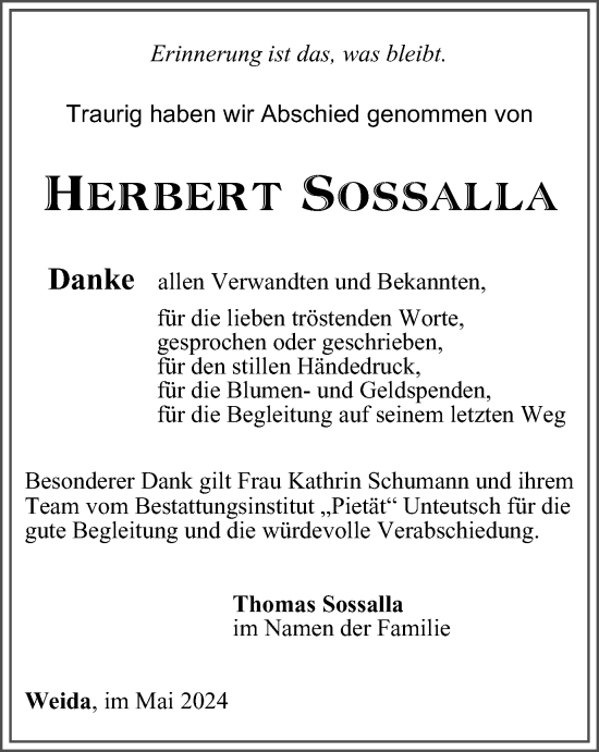Traueranzeige von Herbert Sossalla von Ostthüringer Zeitung