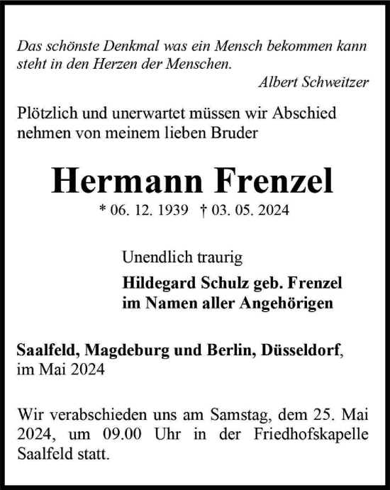 Traueranzeige von Hermann Frenzel von Ostthüringer Zeitung