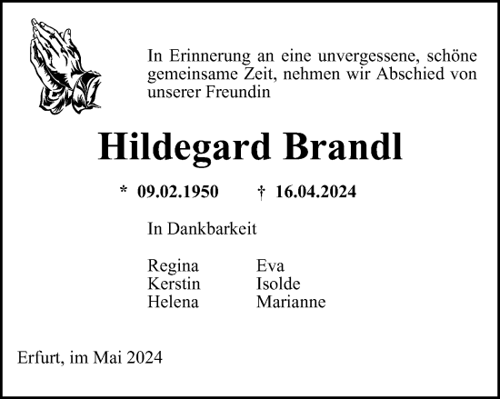 Traueranzeige von Hildegard Brandl von Thüringer Allgemeine, Thüringische Landeszeitung