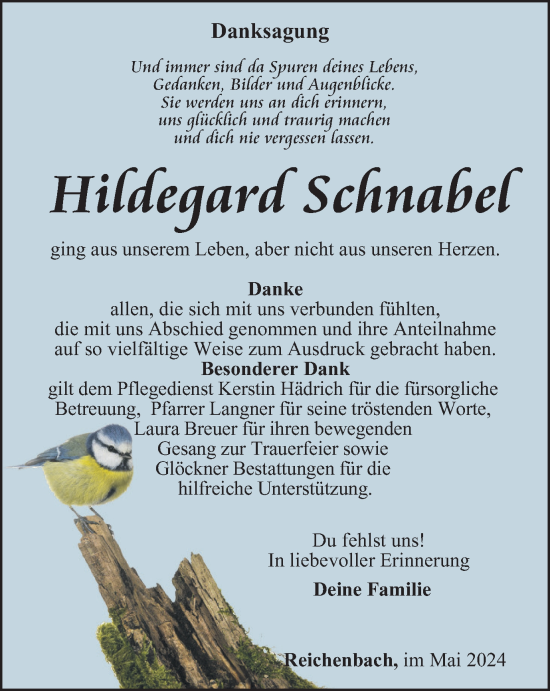 Traueranzeige von Hildegard Schnabel von Ostthüringer Zeitung